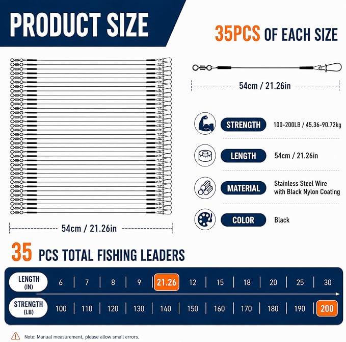 Stainless Steel Fishing Wire Leaders, Black Coated & Uncoated Options, Heavy Strength 31–100LB, 6–21in Multi Sizes with Rolling Swivels Snaps for Salt Fresh Water Shark Pike Barracuda