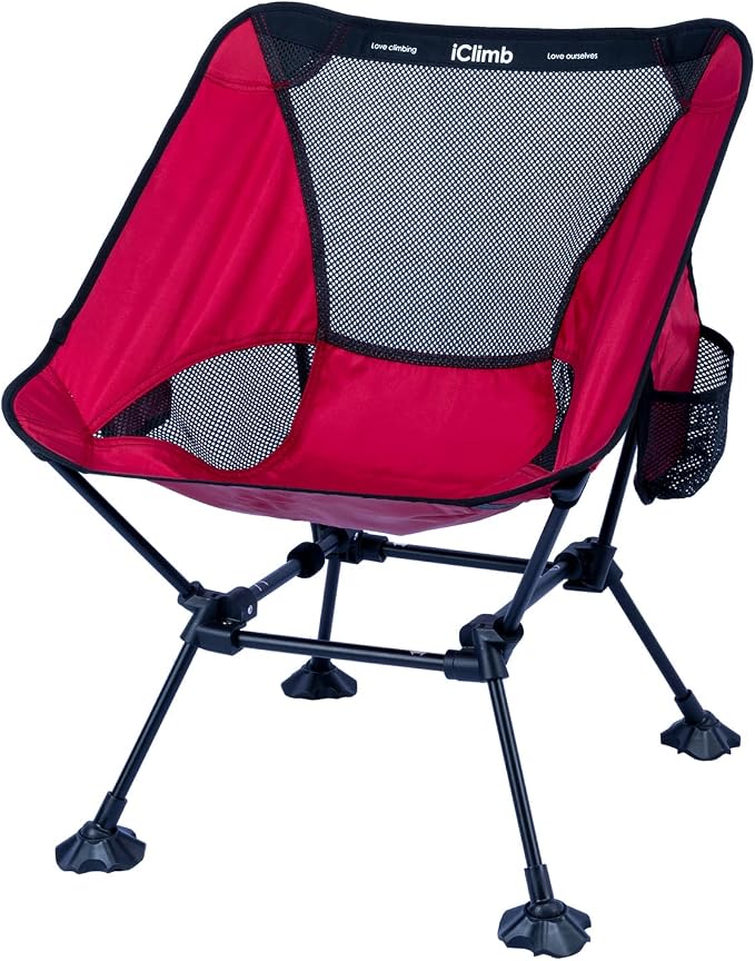 iClimb Ultralight Compact Camping Folding Beach Chair with Anti-Sinking Large Feet and Back Support Webbing (Red - Square Frame - 2PC)