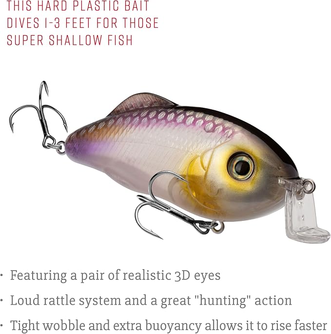 Strike King Hybrid Hunter Shallow Jr. Fishing Lure, Shallow Diving Crankbait, 90-Degree Bill, 3D Eyes, Loud Rattle, Dives 1 to 3-Feet,Size 4 & 6 Treble Hooks