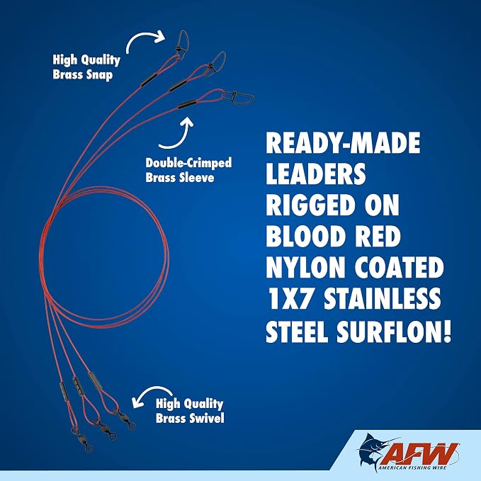 AFW Bleeding Leaders – Blood Red Nylon Coated 1x7 Stainless Steel Wire Fishing Leaders, Interlock Snap, for Toothy Fish, 20–30 lb Test, 12–18 inch, 3-Pack
