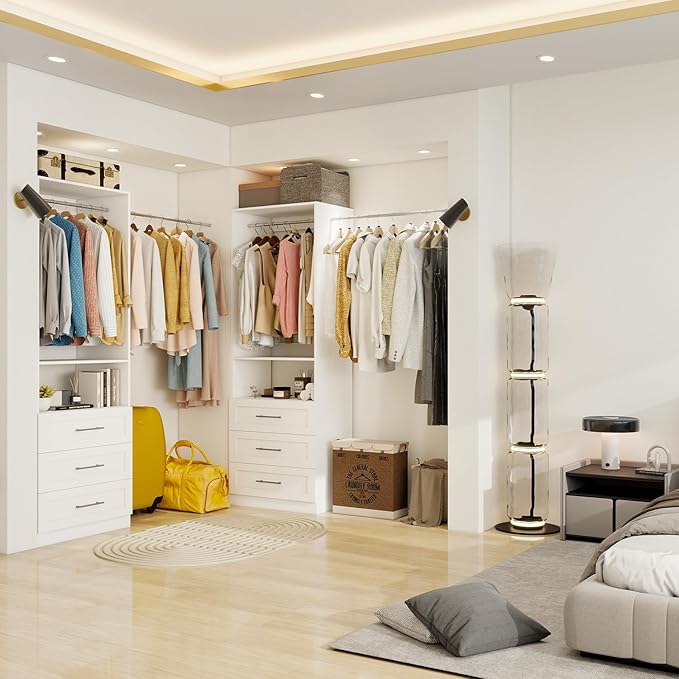 Closet System with Wooden Drawers, 6FT Closet Organize System with Drawers & Hanging Rods &for Walk in Closets, 3PCS*24" Freestanding Closet System, White(6FT)