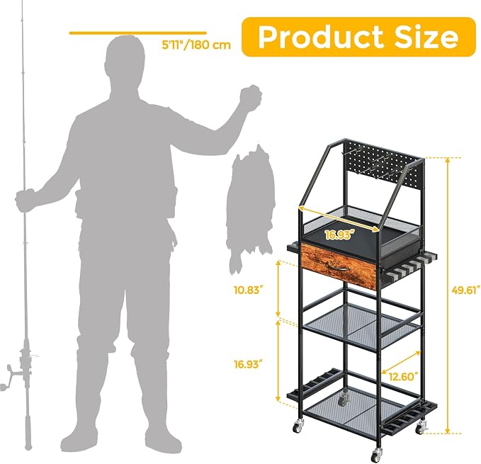 Fishing Rod Holder Organizer with Fabric Drawer & Pegboard, Space-Saving Garage Storage for 12 Rods, Reels, Tackle Boxes, Portable Fishing Gear Cart for Easy Access & Mobility