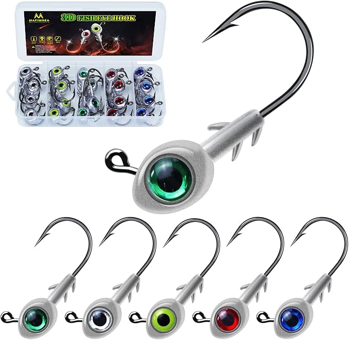 3D Fish Eye Jig Heads, 5 Colors with Lifelike Eyes, Multi Weights, Barbed Fishing Hooks for Walleye Bass Crappie