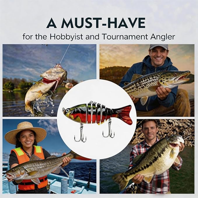 Multi Jointed Swimbait Hard Lure, 3.7in Slow Sinking Fishing Lures with Realistic S-Shaped Swimming Action, Built-in Gravity Transfer System & #6 Treble Hooks for Bass, Trout, Pike, Topwater Lure