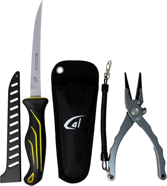 Gambler danco Aluminum Fishing Pliers and Fillet Knife Set, 7.5 Inch Pliers with Tungsten Carbide Cutters, 7 Inch Knife