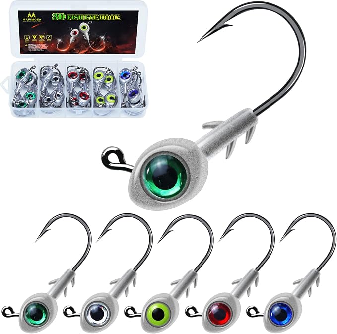 3D Fish Eye Jig Heads, 5 Colors with Lifelike Eyes, Multi Weights, Barbed Fishing Hooks for Walleye Bass Crappie