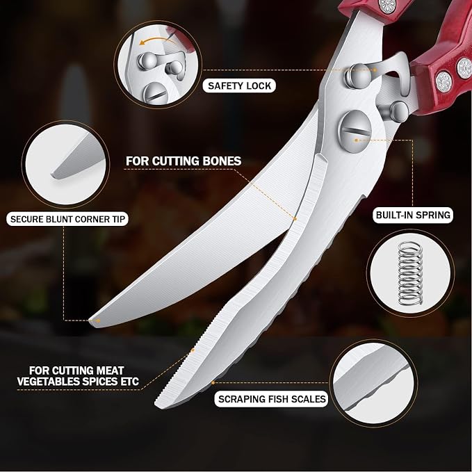 Dream Reach Poultry Shears, Red Heavy Duty Kitchen Shears with Serrated Edge, No Rust Spring Loaded, Multipurpose Stainless Steel Kitchen Scissors for Chicken Meat, Turkey, Fish, Gifts for Men Women