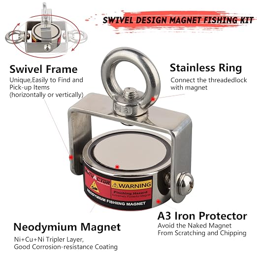MUTUACTOR Magnet Fishing Kits,600lb Strong Rotate Fishing Magnets Heavy Duty,Neodymium Rare Earth Swivel Magnet with 65Ft Durability Rope,Sturdy Gloves for Retrieving Treasures in Rivers