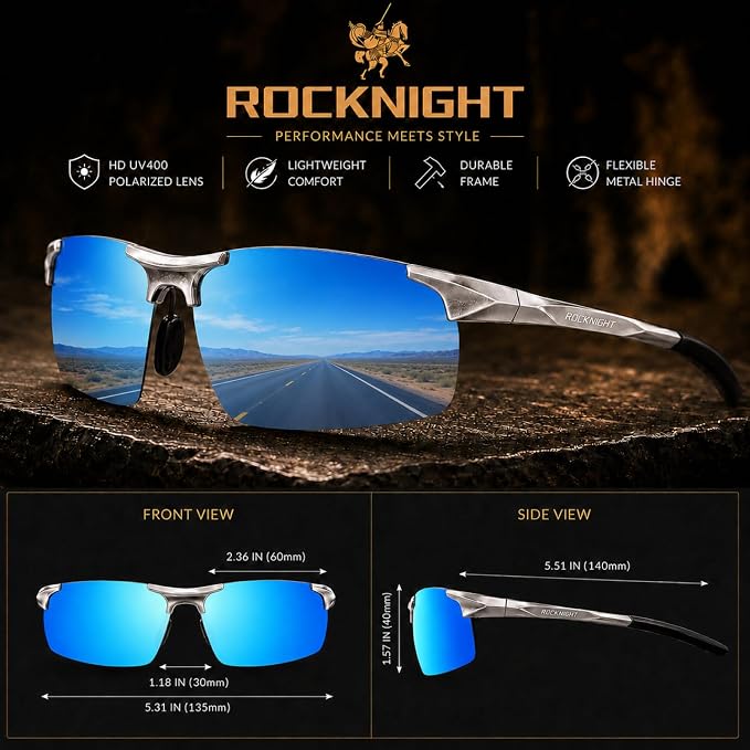 ROCKNIGHT Polarized Rectangular Sunglasses for Men Driving UV400 Protection Lightweight Al‑Mg Frame