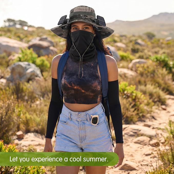 Syhood Solar Powered Fan Hat Neck Gaiter Arm Sleeves Sun Bucket Hat with Fan Cooling Wide Brim Hats for Fishing Hiking