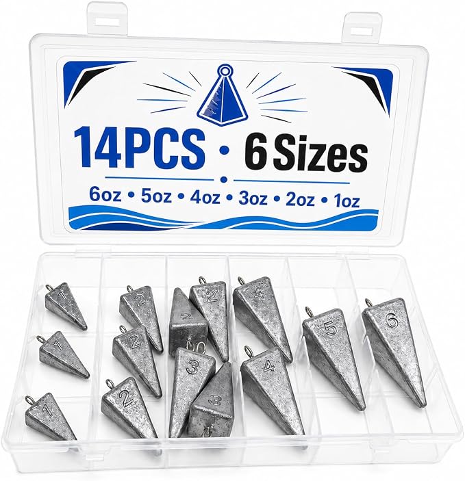 SANWEAL Pyramid Sinkers Fishing Weights, 6/14Pcs 4/6 Sizes 1oz-6oz Lead Fishing Sinkers for Surf Fishing, Anti-Roll Triangle Sinkers for Saltwater Freshwater Bottom Fishing, Catfish Pompano Rigs