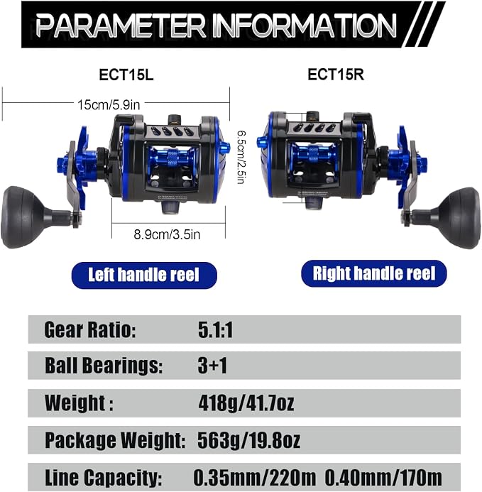 Burning Shark Baitcasting Fishing Reel, Smooth Powerful Round Baitcaster Reel, Saltwater Inshore Surf Trolling Reel, Conventional Reel for Catfish, Musky, Bass, Pike