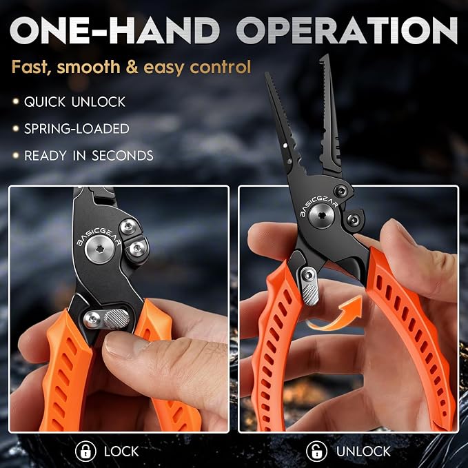 BasicGear Fishing Pliers, 17-4 PH Stainless Steel Saltwater Pliers, Braid Cutter, Split Ring Tool, Corrosion Resistant, One-Hand Operation