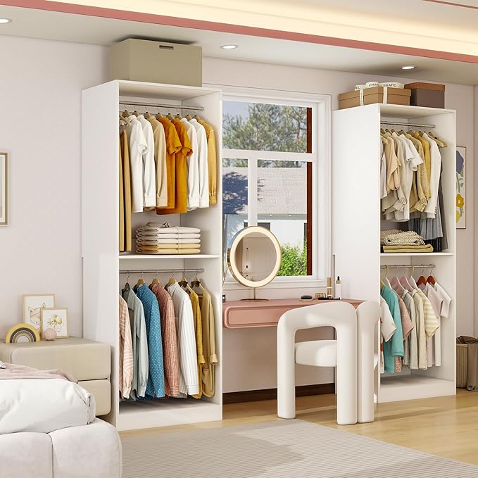 Closet System with 9 Hanging Rods& Shelf , 6FT Small Closet Organizer System Wood with Extra Side Hanging Rod for Walk in Closet Storage, Modular Closet Systems, White(6FT)