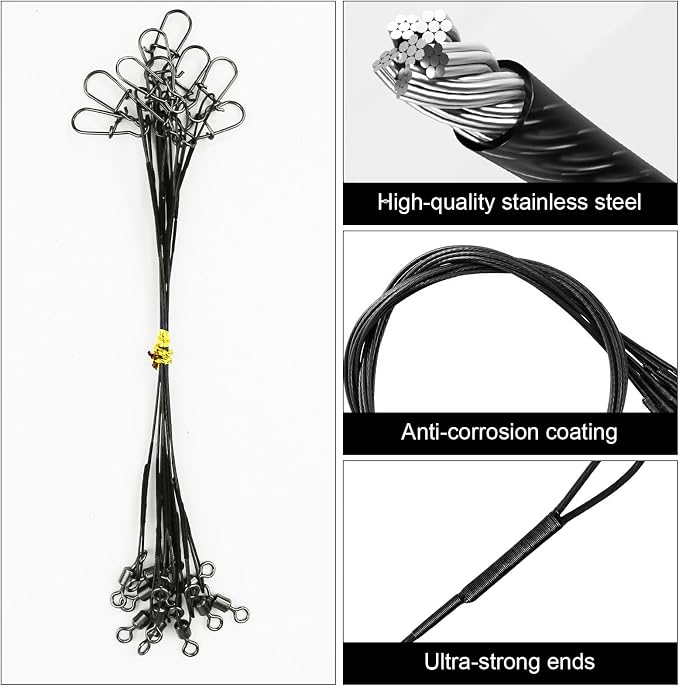 DONQL 50pcs Fishing Leaders, Stainless Steel Fishing Wire Traces Pike Fishing, 10/15/20/25/30cm Anti-Bite Fishing Wire Trace Leaders with Rolling Swivels and Snaps for Bait Rigs Saltwater