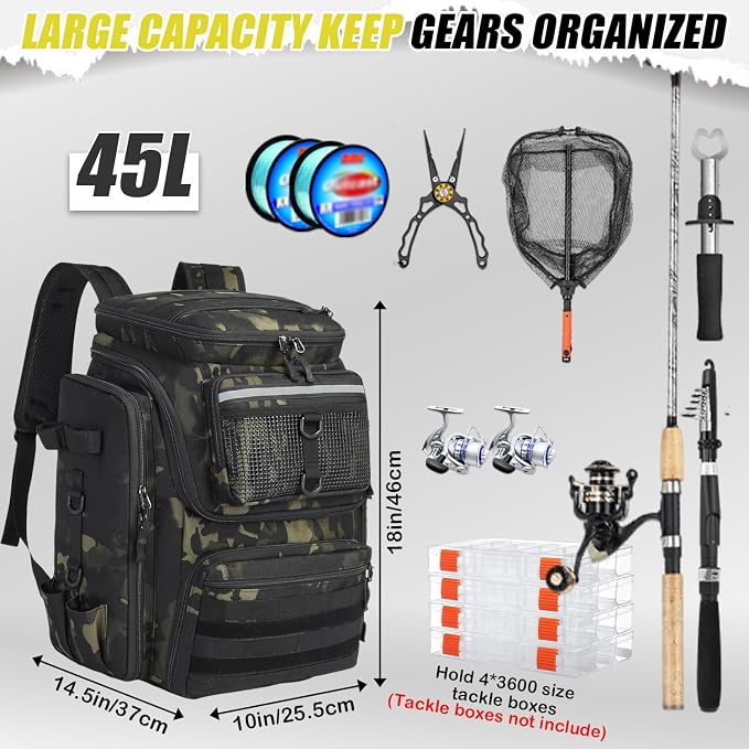 HAMBOLY Fishing Backpack 45L with Rod Holders, Water-Resistant Tackle Backpack for Fishermen, Large Capacity Fishing Gear Bag for Travel Hiking Camping
