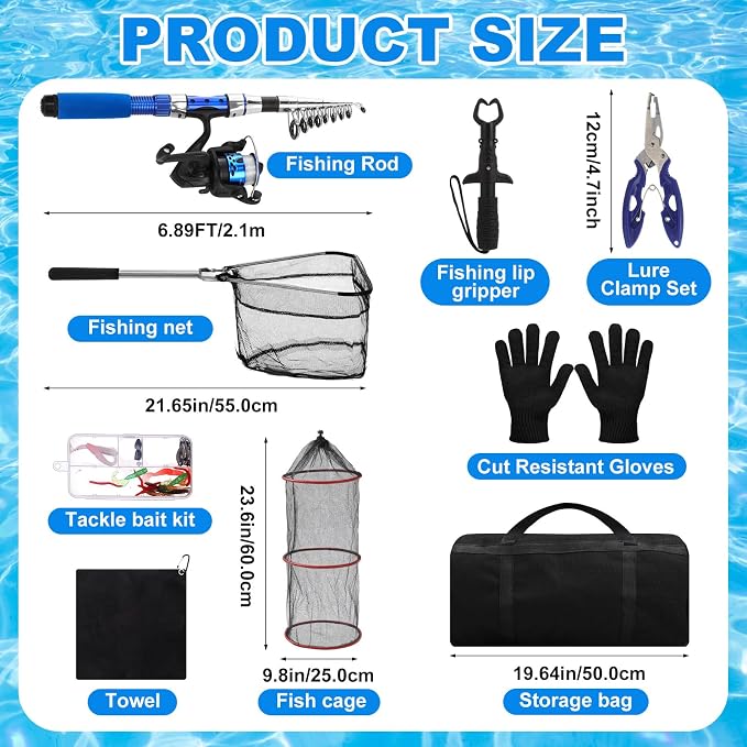 51 Pcs Father's Day Fishing Rods Combo 6.89ft Telescopic Freshwater Pole Set with Plier Lip Gripper Lures Carrier Bag Pre Loaded Spinning Reel with Freshwater Rod Reel Kit Men Gift
