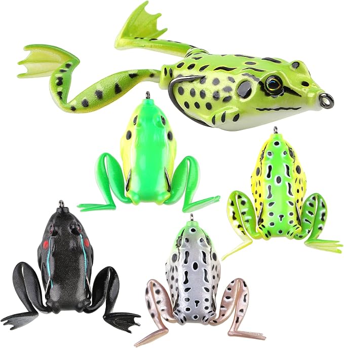 Weedless Topwater Frog Lures - 5PCS Hollow Body Frog Lures for Walleye Fishing, Realistic Soft Plastic Swimbaits with Double Hooks for Freshwater Saltwater, Musky Pike Trout Snakehead