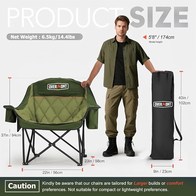 Overmont Oversized XL Camping Chair for Adults - 500lbs Support Heavy-Duty Padded Folding Chair with Side Pocket Cup Holder Cooling Bag for Outdoor Sports Garden Beach Fishing Lawn Green 2pcs