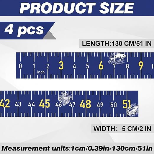 4 Pack Fishing Ruler for Boat 51" Self Adhesive Fishing Measuring Tape Fish Measuring Decals Waterproof Self Adhesive Measurings Ruler Sticker (Blue)