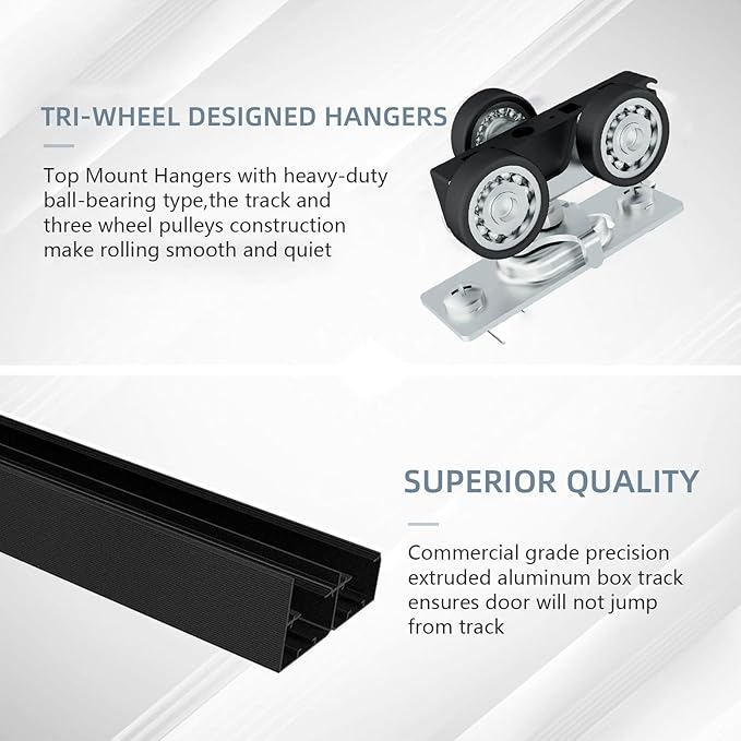 JUBEST 8FT/96" Bypass Door Hardware,Heavy Duty Aluminum Sliding Closet Door Hardware Set with Finger Pulls for 4 Doors System,Sturdiness and Smoothly,Easy to Insatll,Black