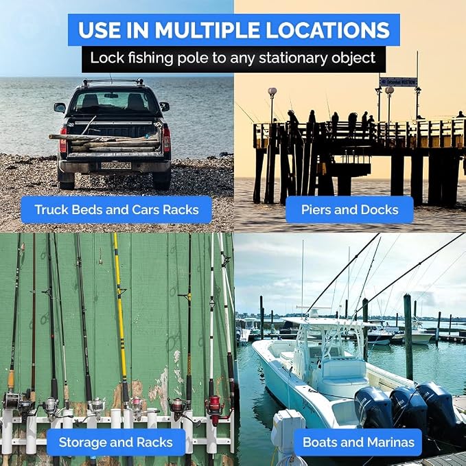 DocksLocks Fishing Rod & Reel Lock, Fishing Pole Lock for Storage, Gear, Equipment, Accessories, Rod Holder, Truck Bed, Car Rack, Piers, Boats and Marinas
