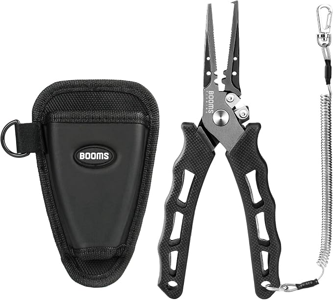 Booms Fishing Pliers Hook Remover, 7inch Split Ring Pliers Stainless Steel, Saltwater Fish Plier with Sheath and Lanyard, Multi-Function Braided Line Cutter, Fishing Gift For Men, F07