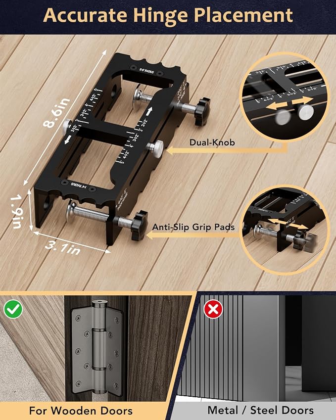 Door Hinge Jig Tool for Router, Adjustable Aluminum Alloy Mortise Jig Fits Door Hinges 2.5" -5", Door Hinge Template Installation Kit, 1/4" & 5/8" Radius and Square Corners, Black