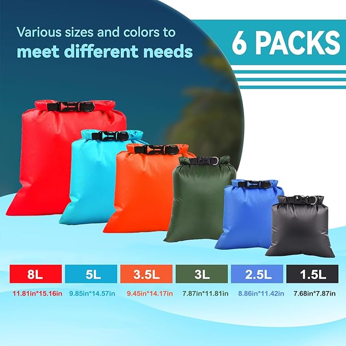 6PCS Dry Bags Waterproof, Lightweight Dry Bags for Kayaking Waterproof，Outdoor Waterproof Bag for Kayaking Hiking Boating Camping