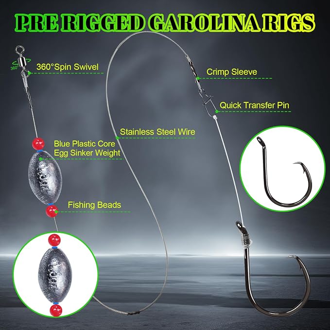 Pre-Rigged Carolina Rig Saltwater, Egg Sinker Grouper Rigs with 10 Circle Hooks, Stainless Steel Leader Fishing Wire, for Snapper Flounder Sea Bass Surf Fishing Bottom Rig