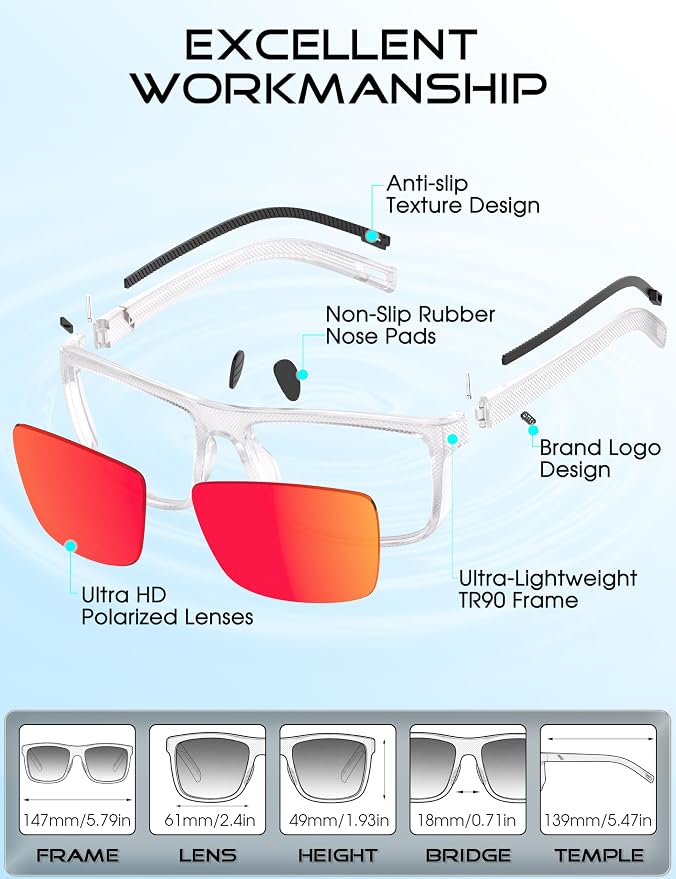 ATTCL Square Polarized Sunglasses for Men: Ultra-Light TR90 Frame UV400 Protection Sun Glasses for Fishing Driving