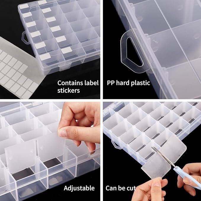 2 Pack Clear Bead Organizer Tackle Box with Adjustable Dividers for Jewelry Art Craft Containers 36 Grids Compartment with 5 Sheets Label Stickers