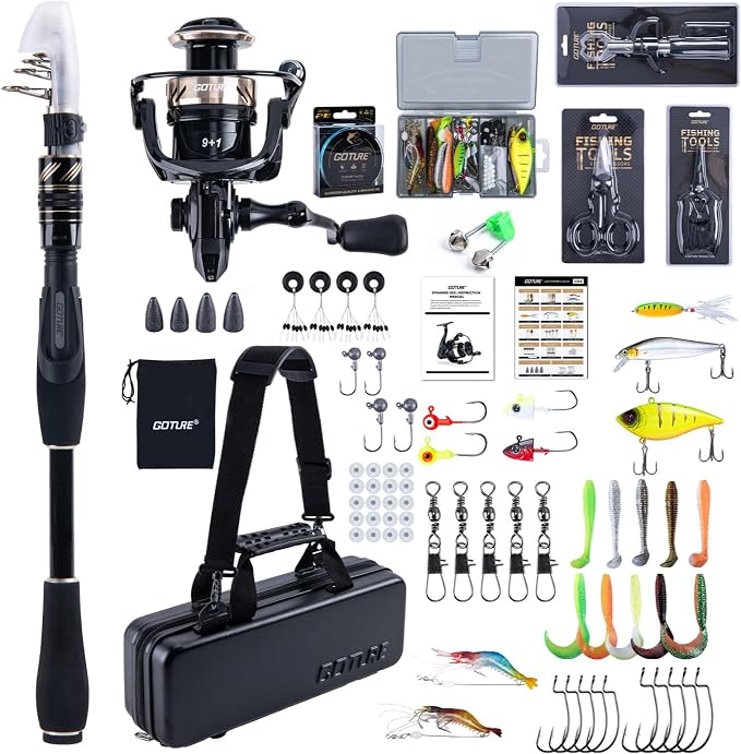 GOTURE Telescopic Fishing Rod and Reel Combos, Carbon Fiber Travel Fishing Pole, 9+1 BB Spinning Reel, Saltwater Freshwater Fishing Gear Kit with Braided Line, Lures, Carrier Bag for Bass Trout