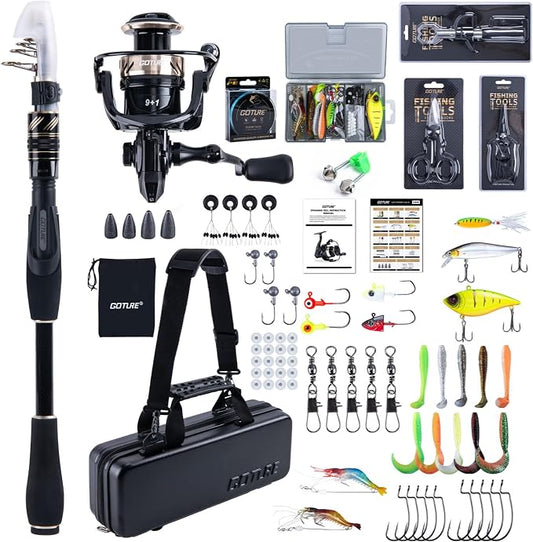 GOTURE Telescopic Fishing Rod and Reel Combos, Carbon Fiber Travel Fishing Pole, 9+1 BB Spinning Reel, Saltwater Freshwater Fishing Gear Kit with Braided Line, Lures, Carrier Bag for Bass Trout