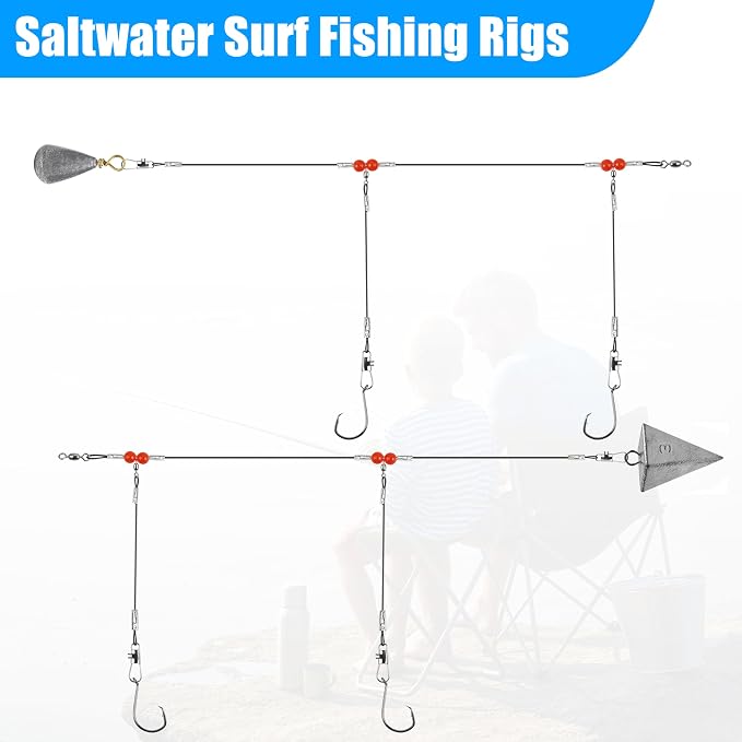 Saltwater Surf Fishing Tackle Kit - Saltwater Surf Fishing Rigs Bottom Rigs Include Fishing Leader Rigs Pyramid Sinkers Bass Casting Sinker Circle Hooks for Striped Bass Red Drum Flounder
