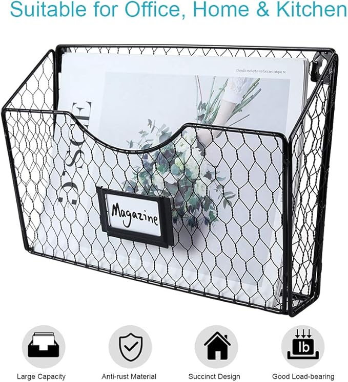 PAG 6 Pockets Hanging File Holder Wall Mount Mail Organizer Metal Chicken Wire Magazine Rack with Tag Slot, Black