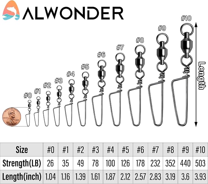 Alwonder Fishing Snap Swivels, High Strength Ball Bearing Swivel with Stainless Steel Coastlock Snap 26-503LB, Black Nickel Coating Corrosion Resistance Freshwater Saltwater