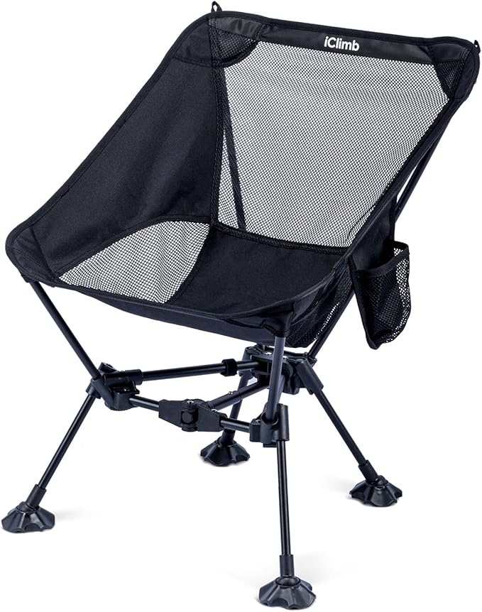 iClimb Ultralight Compact Camping Folding Beach Chair with Anti-Sinking Large Feet and Back Support Webbing (Black - Triangular Frame - 2PC)