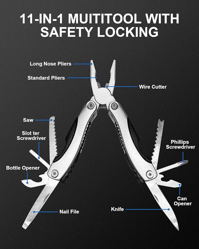 UNOONE 11-in-1 Multitool Pliers - Stainless Steel Pocket Knife with Pliers, Screwdriver & Bottle Opener - Aluminum Handle EDC Knives for Survival, Camping, Hunting, Hiking - Gift for Men Women (Black)