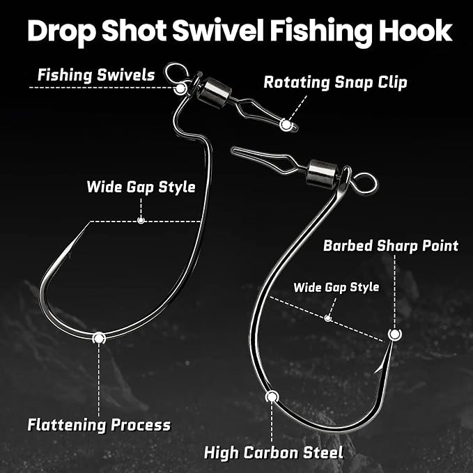 FishTrip 30pcs Swivel Drop Shot Hooks Fishing Rig, EWG Dropshot Hook Rigging for Bass Fishing with Swivel Saltwater Freshwater Sizes 4, 3, 2, 1, 1/0, 2/0, 3/0