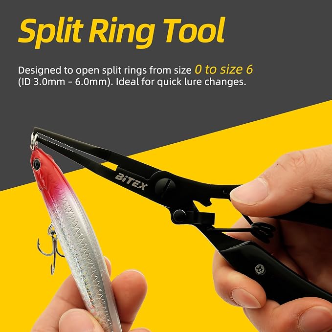 BiteX Saltwater Fishing Pliers with Split Ring Tip and Braid Cutter | Titanium-Coated Stainless Steel, Braid Line Cutter, Hook Remover & Knot Tying Tool, One-Hand Operation, Lanyard & Sheath