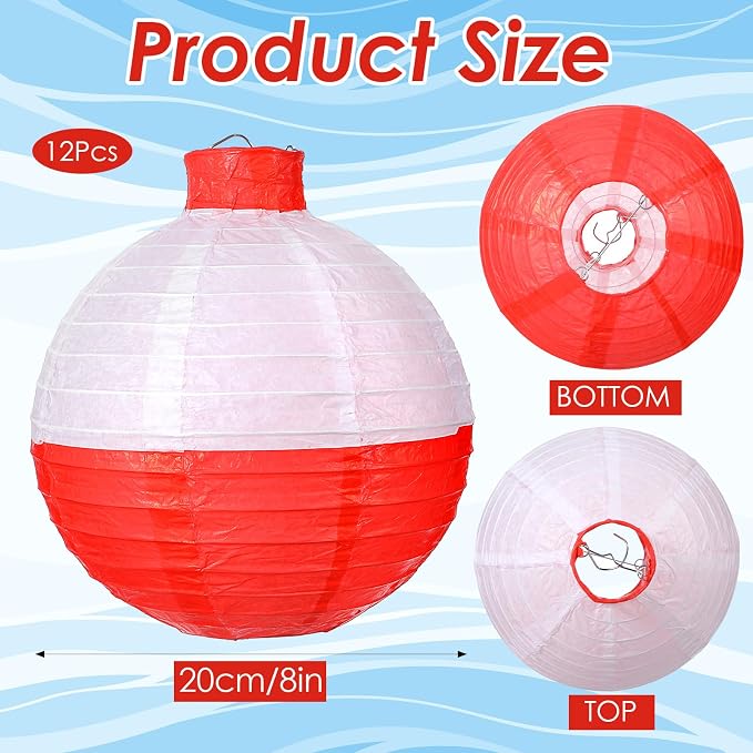 12 Pcs Fishing Bobber Lanterns, 8 Inch Hanging Fishing Bobber Paper Lantern Round Red and White Hanging Lanterns for Fishermen Themed Party, Festivals, Birthday Decor