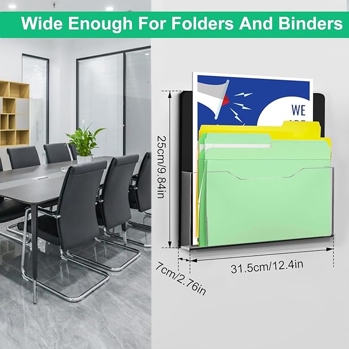 ZHIDIAN Acrylic Magnetic Wall File Organizer - Clear Black Acrylic Hanging Wall File Holder, Wall Mount Folder Mail Document Holder for Office, Fridge, Whiteboard, 2Pack