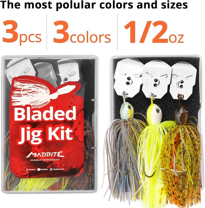 MadBite by KastKing Bladed Jig Fishing Lures, Multi-Color Kits, Irresistible Vibrating Action, Sticky-Sharp Heavy-Wire Needle Point Hooks, Popular 3/8 oz and 1/2 oz Sizes, Includes Storage Box