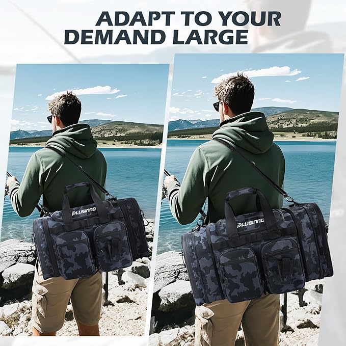 PLUSINNO Tackle Bag - Expandable Fishing Bag with fishing net for Saltwater & Freshwater - Water Resistant Fishing Gear Shoulder Bag For Men