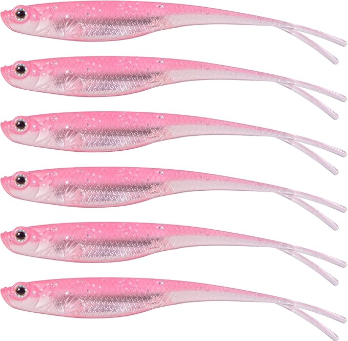 Dr.Fish Soft Plastic Baits, Fork Tail Soft Jerkbait Minnow Lures, 3 to 4-3/4 Inches Soft Swimbaits Jerk Shad Baits Crappie Bass Fishing Lures