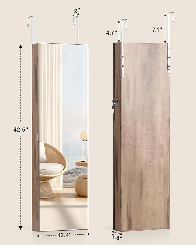 Nicetree Mirror Jewelry Cabinet, Jewelry Armoire with Full Length Mirror,Mirror with Jewelry Storage Wall/Door Mounted, Lockable Jewelry Armoire Organizer, Oak