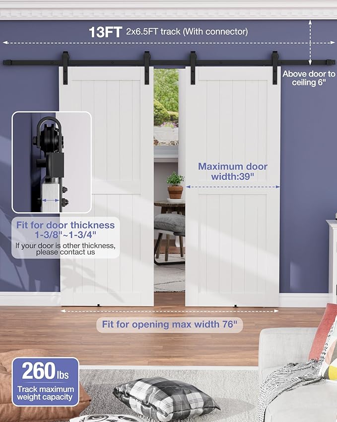 ZEKOO 13 FT Barn Door Hardware Kit for Cabinet Closet, Sliding Door Hardware for Double Barn Door, Heavy Duty Black Barn Door Track with Steel Hanger, Slide Smoothly Quietly, Easy Install
