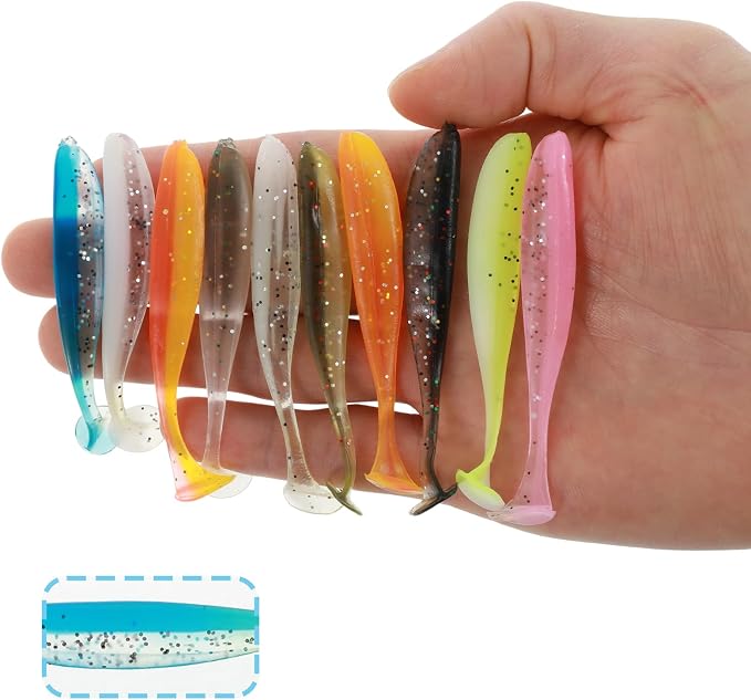 50 Pcs Soft Plastic Baits Paddle Tail Swim Baits Fishing Lures Glide Bait Paddle Tail Swimbaits Lures Bass Fishing Bait Pre-Rigged Jig Head Soft Fishing Lures Kit Trout for Saltwater Freshwater