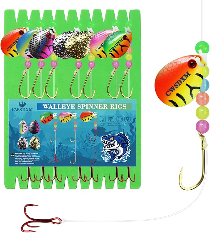 Walleye Rigs Kit, 41.5LB Spinner Rig Crawler Harness with Large Colorado Blades, 7PCS Pre-Rigged for Walleye & Perch Fishing, Worm Rig